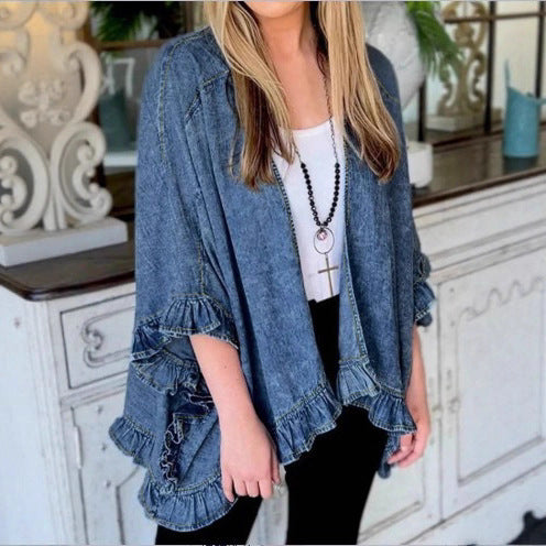 Damen Oversize-Jeans-Kimono mit Volantkante und offenem Fall Echo Archiv