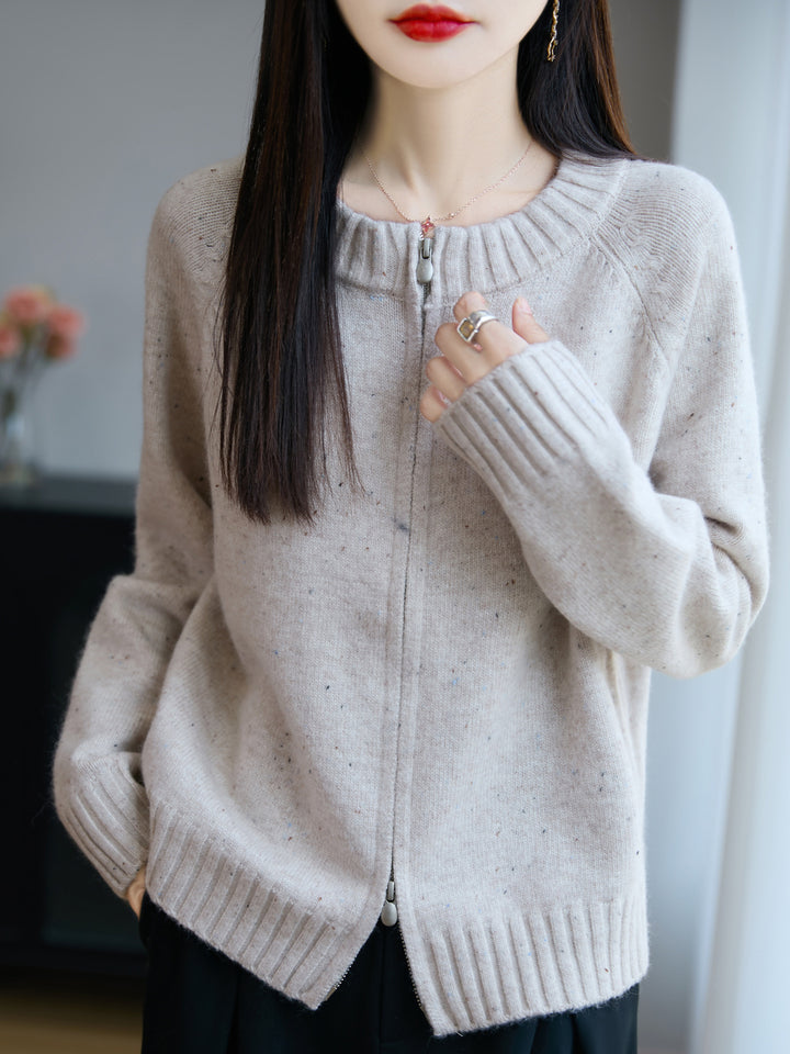 Damen Zip-Strickjacke mit Rundhalsausschnitt, feinem Nep‑Garn und gerippten Abschlüssen Echoarchiv