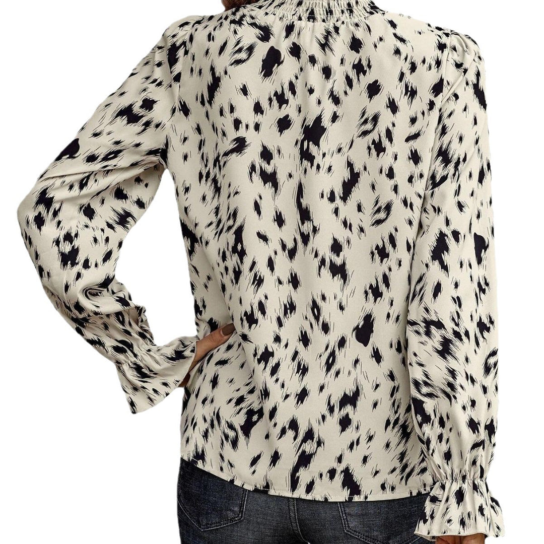 Damen Langarm-Chiffonbluse mit gerafftem Stehkragen und Fleckenmuster Echoarchiv