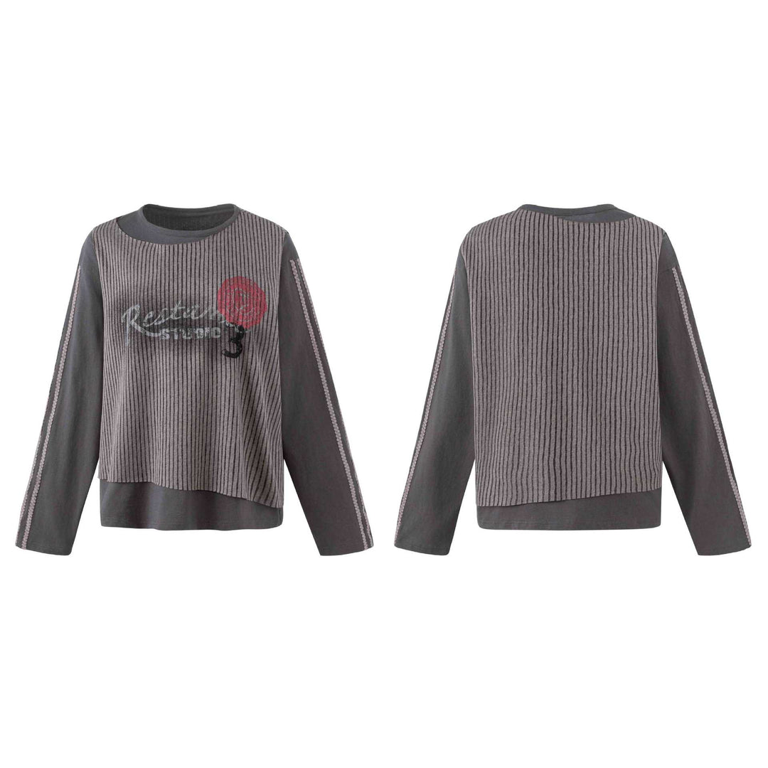 Damen Lässiges Sweatshirt mit gestreiftem Overlay, Ziernähten und Rosenprint Echoarchiv