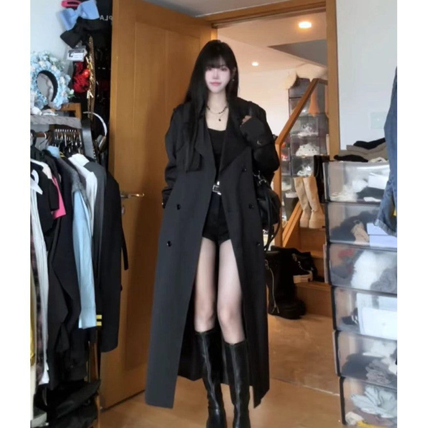 Damen Langer Doppelreihiger Trenchcoat mit Schalkragen, Oversize-Schnitt und verdecktem Taillenband Echoarchiv