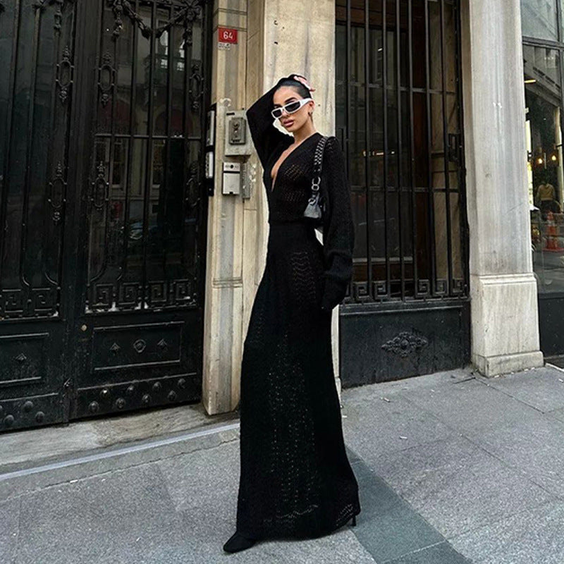 Damen elegantes gehäkeltes Maxikleid mit tiefem V-Ausschnitt Echo Archiv
