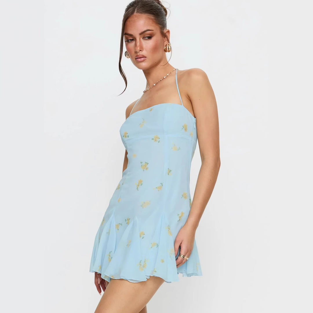Damen luftiges Spaghetti-Träger Sommerkleid mit floralem Print und schwingendem Rock Echo Archiv