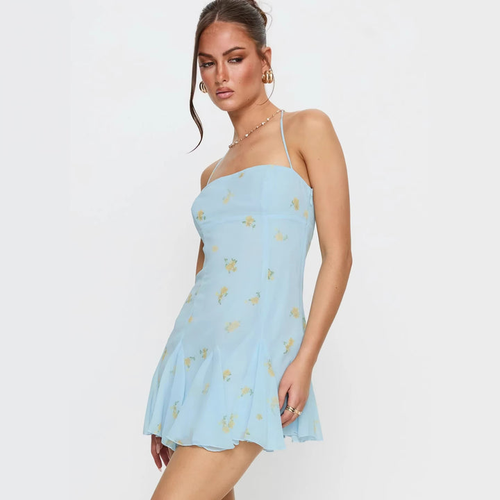 Damen luftiges Spaghetti-Träger Sommerkleid mit floralem Print und schwingendem Rock Echo Archiv