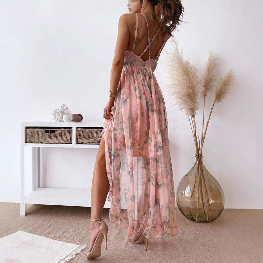Damen nan romantisches Chiffon-Maxikleid mit doppelten Spaghettiträgern, Unterbrustraffung, mehrlagigem Volantrock und seitlichem Beinschlitz Echo Archiv