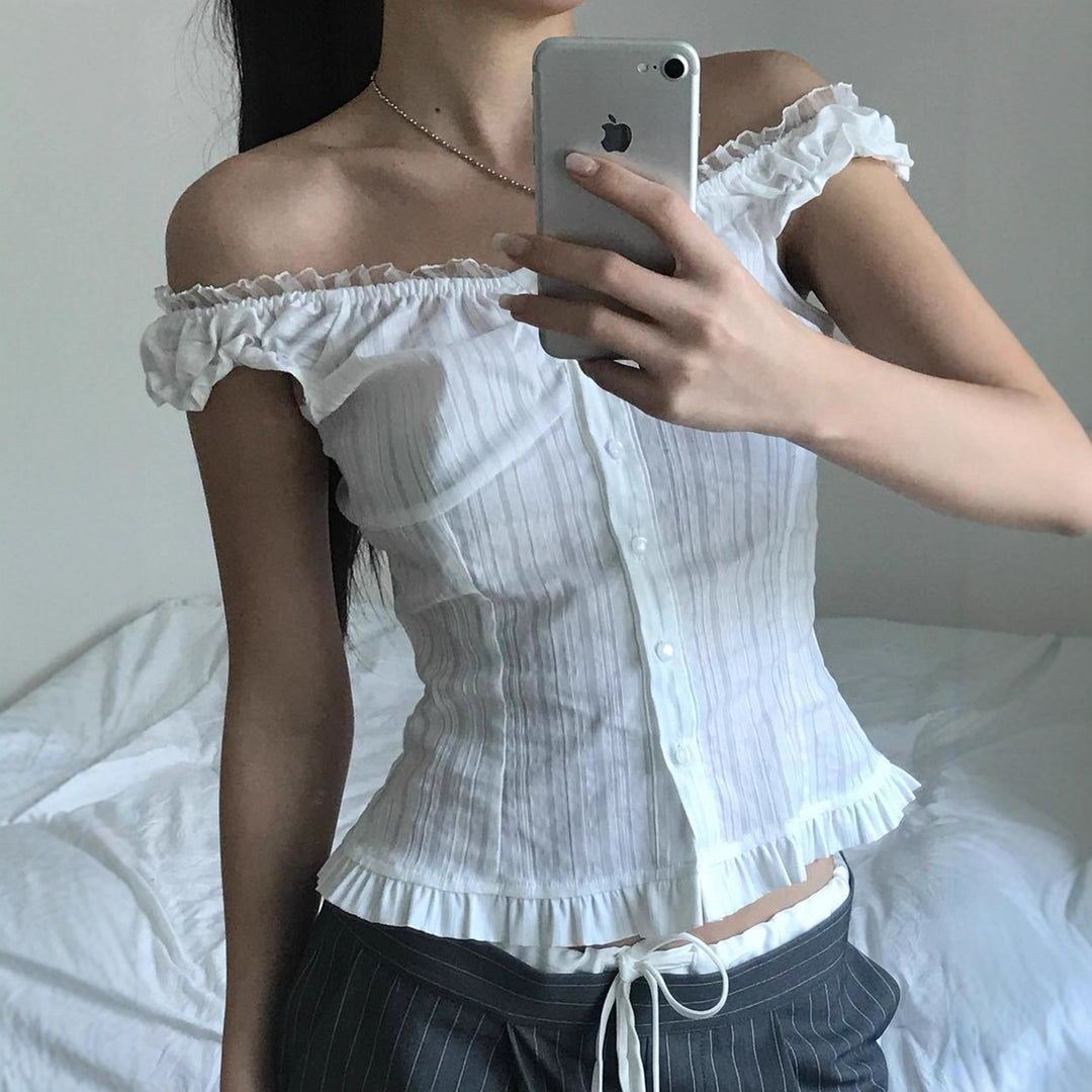 Damen Off-Shoulder Bluse mit Rüschensaum und Knopfdetails Echo Archiv