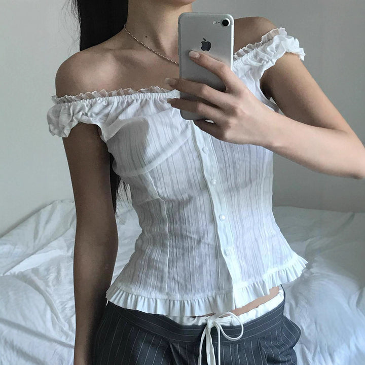 Damen Off-Shoulder Bluse mit Rüschensaum und Knopfdetails Echo Archiv