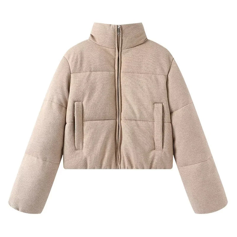 Damen cropped Teddy-Steppblouson mit hohem Kragen und verdecktem Reißverschluss – Célinea