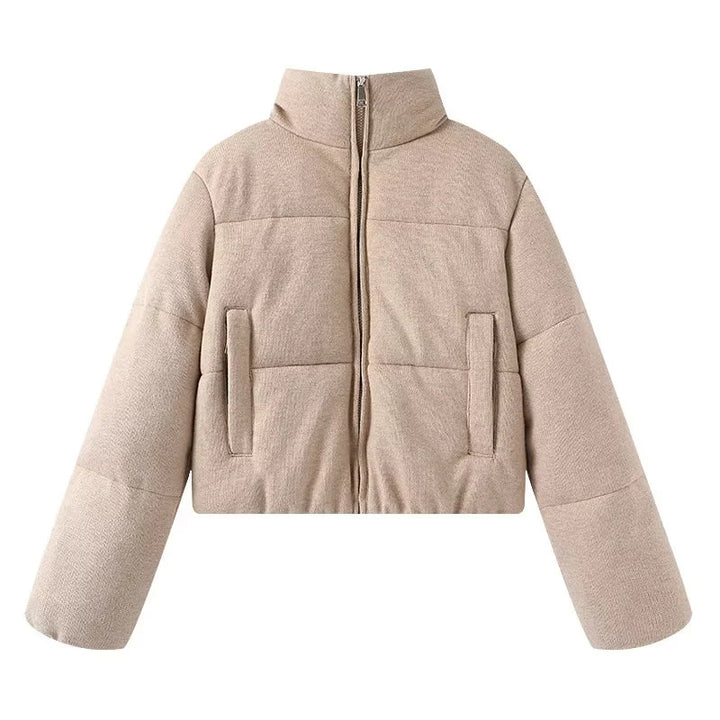 Damen cropped Teddy-Steppblouson mit hohem Kragen und verdecktem Reißverschluss – Célinea