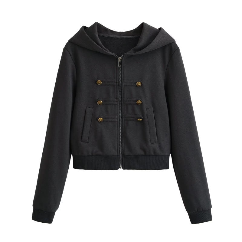 Damen Cropped Kapuzenblouson im Military‑Look mit Zierknopfleiste und geripptem Saum Echo Archiv