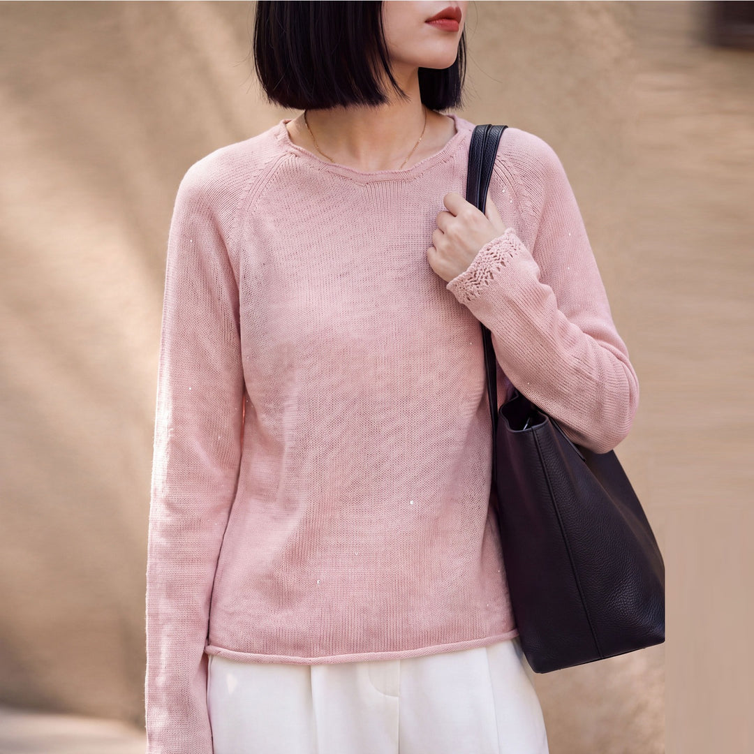 Damen leichter Feinstrickpullover mit dezenter Glitzeroptik und Raglanärmeln Echoarchiv