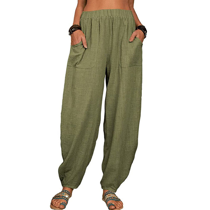 Damen nan lockere Leinenhose mit weitem Bein elastischem Bund und großen aufgesetzten Taschen Echo Archiv