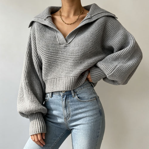 Damen Oversize-Strickpullover mit Matrosenkragen und tiefem V-Ausschnitt – Mavelle
