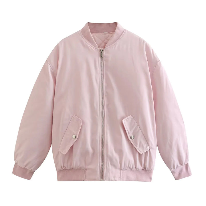 Damen oversized Bomberjacke mit Stehkragen, Reißverschluss und Druckknopf-Taschen – Avenza