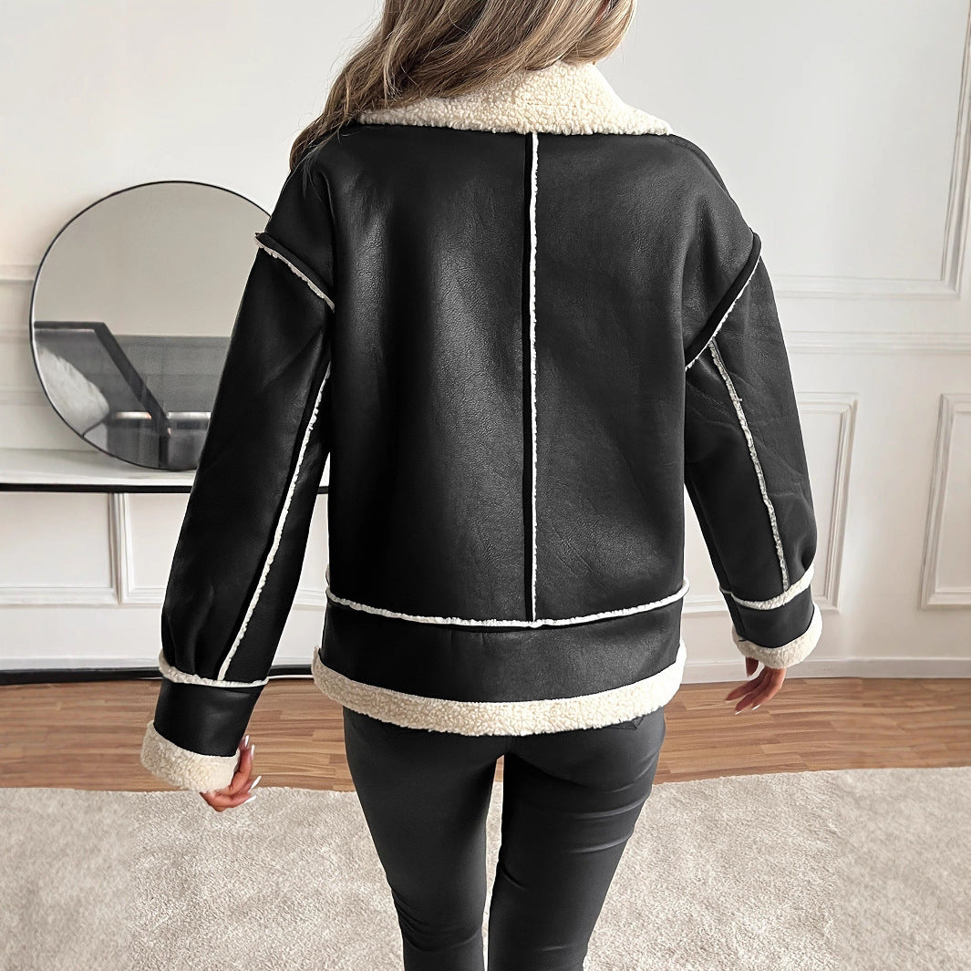 Damen Modische Kunstlederjacke mit Teddyfutter – Célinea