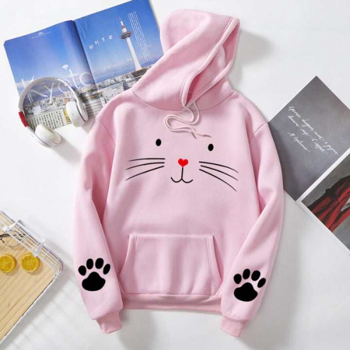 Damen Kapuzenpullover mit gedrucktem Katzenmotiv, Kängurutasche und Pfotenapplikationen – Auréline
