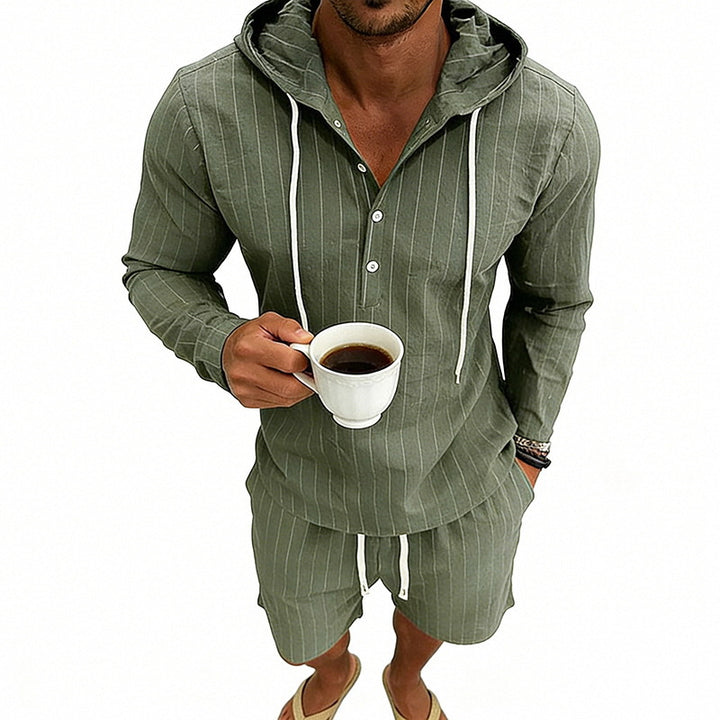 Herren nan gestreiftes Leinenoptik-Kapuzen-Henley-Set mit Tunnelzug-Shorts Echo Archiv
