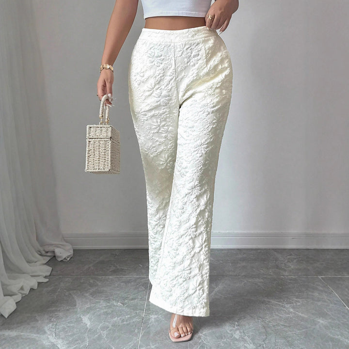 Damen hochgeschnittene Jacquard-Hose mit floralem Stickmuster, weitem Beinschnitt und Eingrifftaschen – Avérine