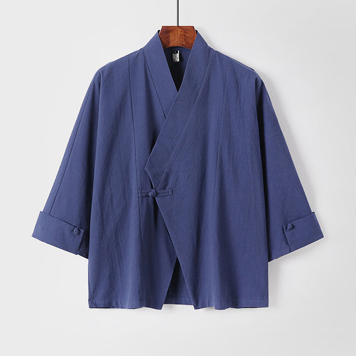 Herren Leinen-Kimono-Jacke mit traditionellem Knotenverschluss und mittel-langen Ärmeln Echoarchiv