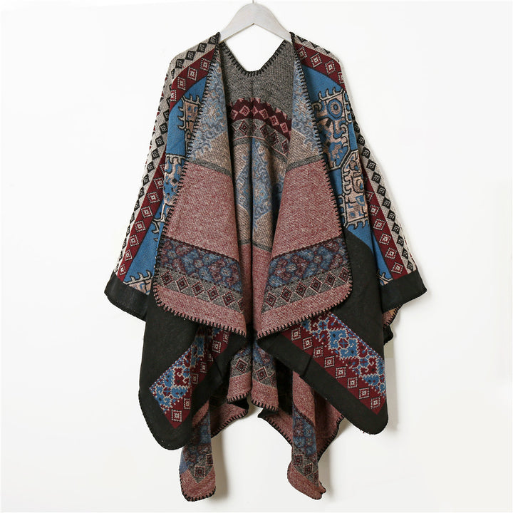 Damen Wollmix-Jacquard-Capeponcho im Ethno-Look mit dekorativer Ziernaht – Montévia