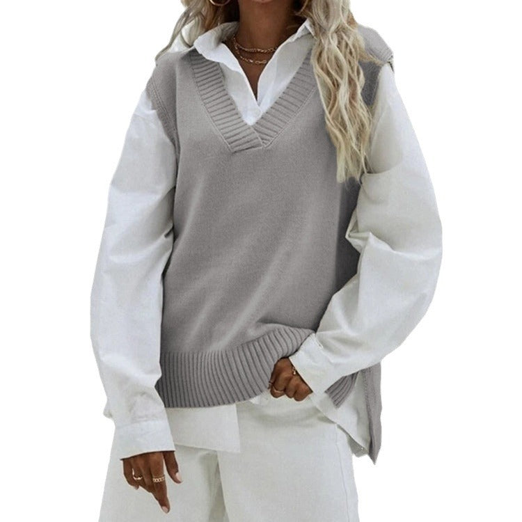 Damen Ärmellose Strickweste mit V-Ausschnitt und seitlichen Schlitzen – Mavelle