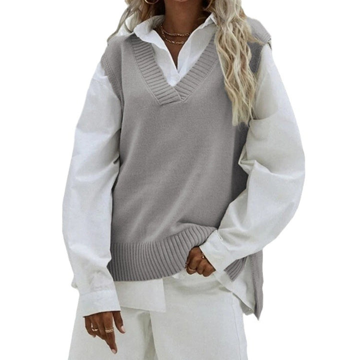 Damen Ärmellose Strickweste mit V-Ausschnitt und seitlichen Schlitzen – Mavelle