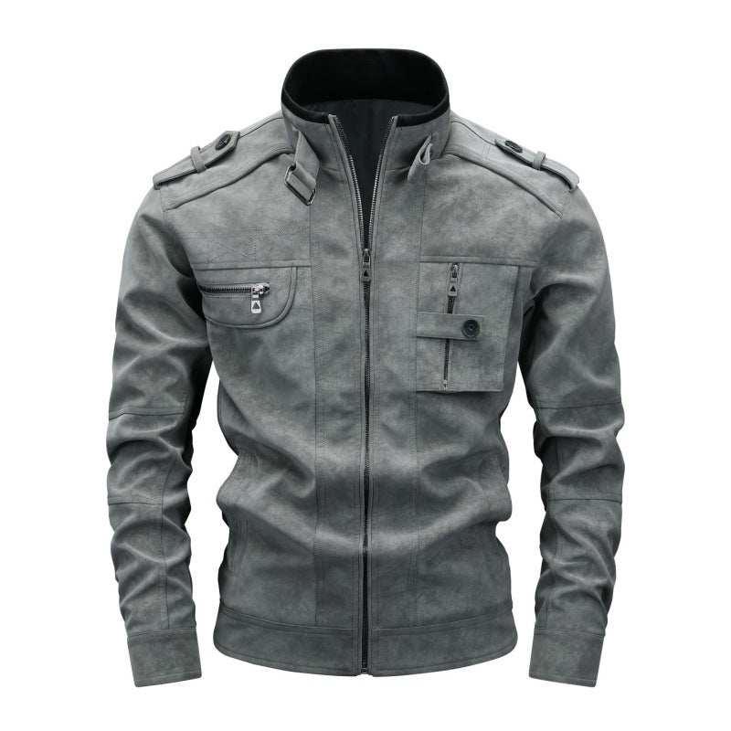 Herren Utility-Lederimitatjacke mit Stehkragen, Schulterklappen und multiplen Brusttaschen Echoarchiv