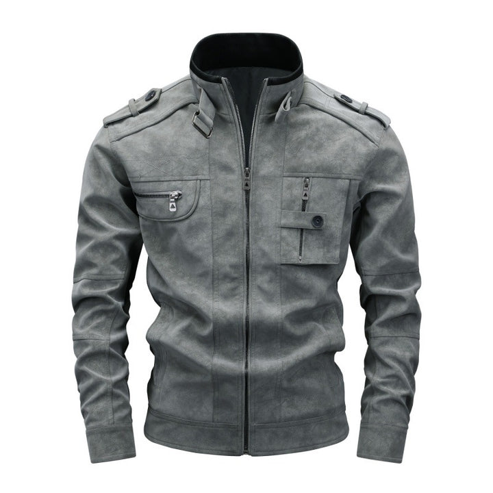 Herren Utility-Lederimitatjacke mit Stehkragen, Schulterklappen und multiplen Brusttaschen Echoarchiv