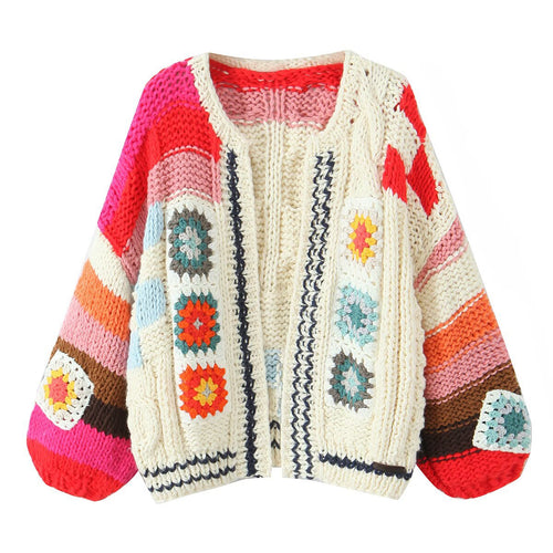 Damen Grobgestrickte Boho-Cardigan mit Häkelpatchwork Echoarchiv
