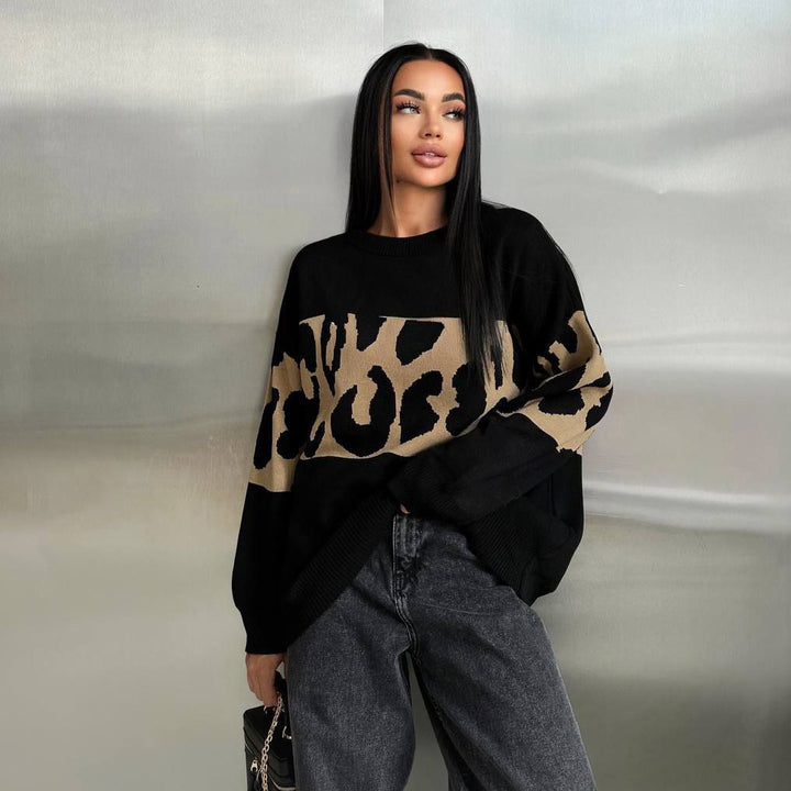 Damen Oversized Strickpullover mit Leoparden-Bahnen, überschnittener Schulter und geripptem Saum – Mavelle