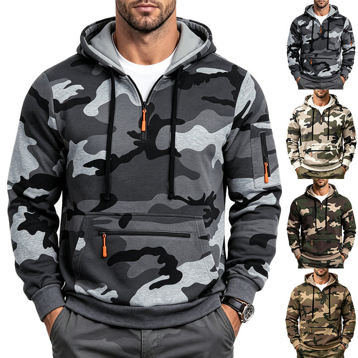 Herren Kapuzenpullover mit Tarnmuster, Reißverschlusstaschen und Kängurutasche Echoarchiv