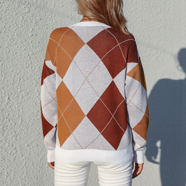 Damen Leichter Argyle-Feinstrickpullover mit Rundhalsausschnitt und lockerer Passform Echoarchiv