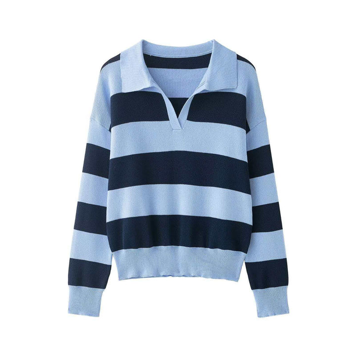 Damen nan gestreifter Rugby-Pullover mit Polokragen, V‑Ausschnitt und verlängerten Rippbündchen Echo Archiv