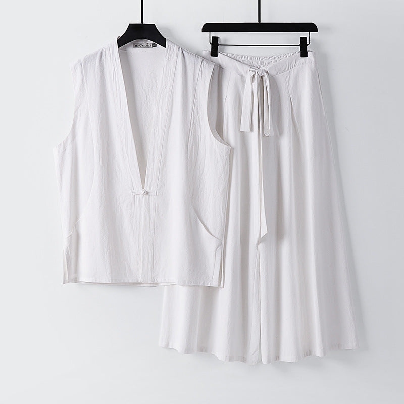 Damen Ärmelloses Kimono-Loungewear-Set aus leichtem Viskose-Leinen mit Bindeweste und weiten Palazzo-Hose Echoarchiv