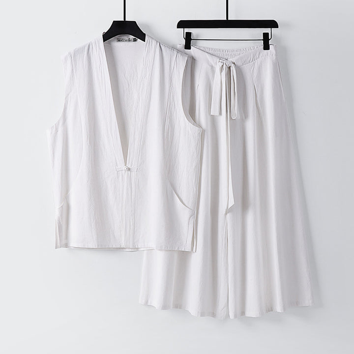 Damen Ärmelloses Kimono-Loungewear-Set aus leichtem Viskose-Leinen mit Bindeweste und weiten Palazzo-Hose Echoarchiv