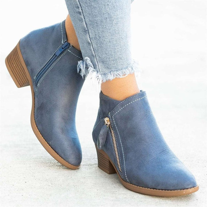 Damen Ankle-Boots aus Velourslederoptik mit seitlichem Zipper und mittelhohem Blockabsatz – Varelle