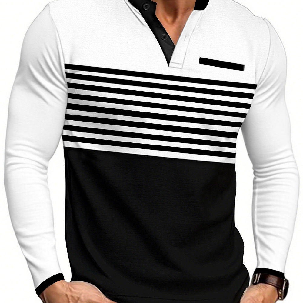 Herren nan modernes Langarm-Polo mit Henley-Blende gestreifter Brustpartie und Stehkragen Echo Archiv