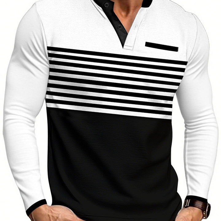Herren nan modernes Langarm-Polo mit Henley-Blende gestreifter Brustpartie und Stehkragen Echo Archiv