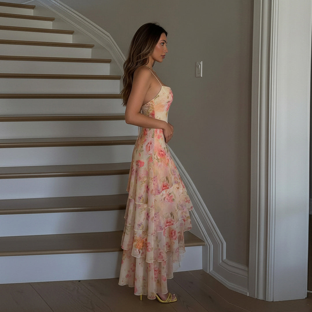 Damen Maxikleid mit floralem Rüschenmuster und trägerlosem Design Echo Archiv
