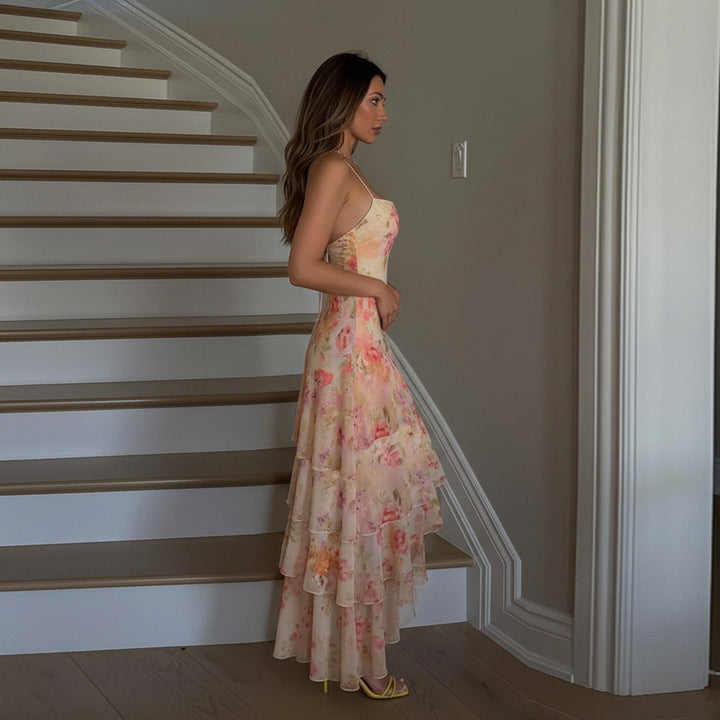 Damen Maxikleid mit floralem Rüschenmuster und trägerlosem Design Echo Archiv