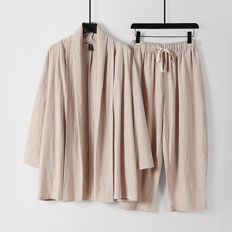 Unisex Lockeres Kimono-Lounge-Set aus leichter Baumwollmischung mit Schalkragen und Kordelbundhose Echoarchiv