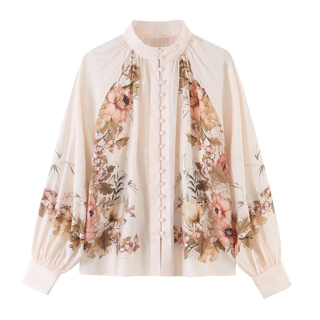 Damen Bluse mit Stehkragen, durchgehender Knopfleiste und weiten Ballonärmeln Echoarchiv