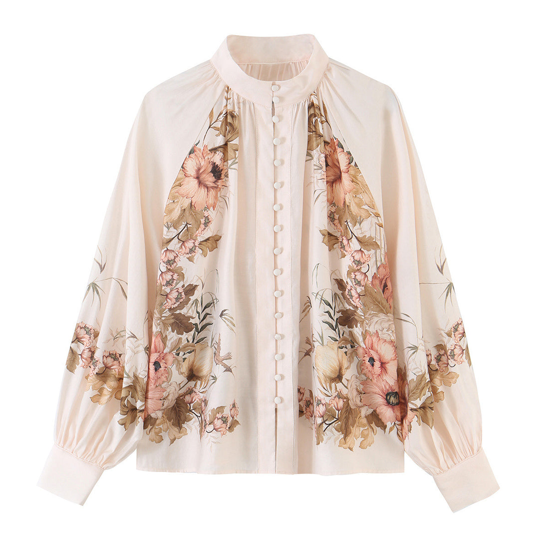 Damen Bluse mit Stehkragen, durchgehender Knopfleiste und weiten Ballonärmeln Echoarchiv