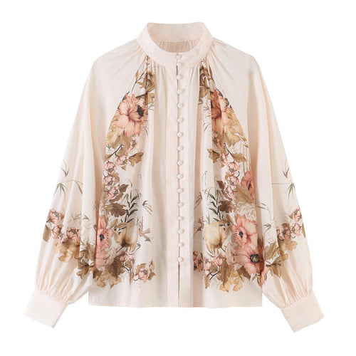 Damen Bluse mit Stehkragen, durchgehender Knopfleiste und weiten Ballonärmeln Echoarchiv