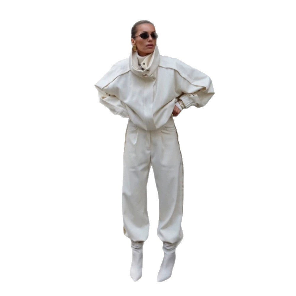 Damen Zweiteiliges Oversize-Jacken- und Bundfaltenhosen-Set mit hohem Stehkragen Echoarchiv