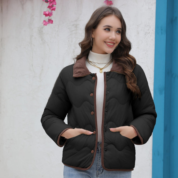 Damen Gequiltete Steppjacke mit Samtkragen und geschwungener Wellensteppung – Célinea