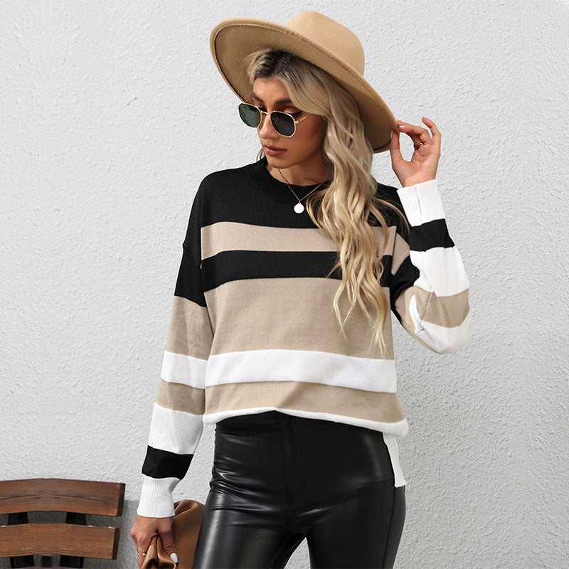Damen Gestreifter Oversize-Feinstrickpullover mit Rundhalsausschnitt und Rippbündchen Echoarchiv