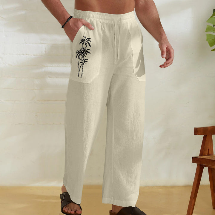 Herren Bequeme Leinenhose mit praktischem Kordelzug und Palmendruck Echoarchiv