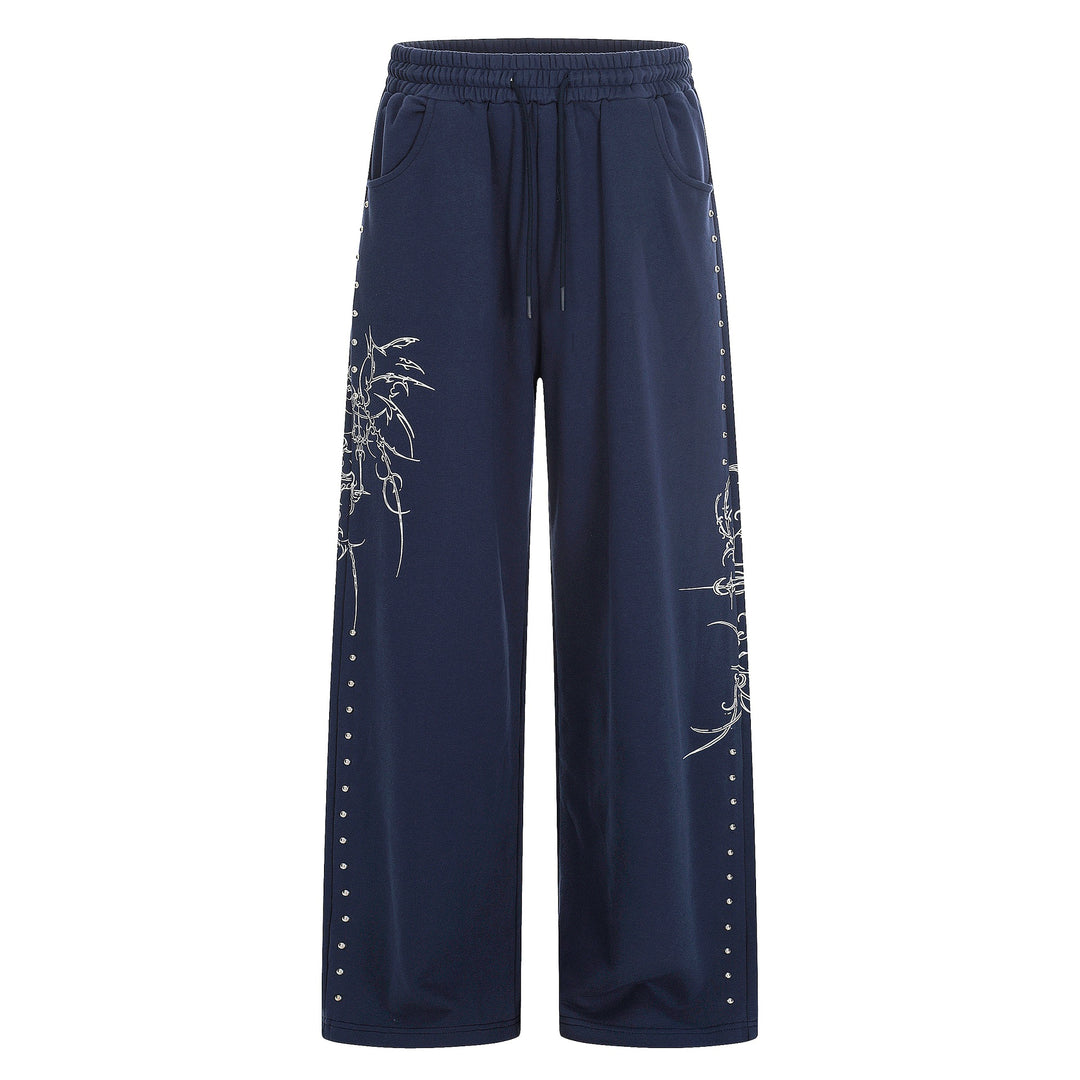 Damen Weite Sweatpants mit Tunnelzug, Ziernieten und grafischem Print Echoarchiv
