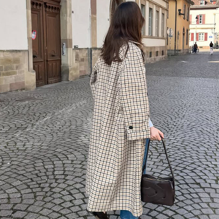Damen Maxilanger karierter Wollmix-Mantel mit gerader Silhouette Echoarchiv